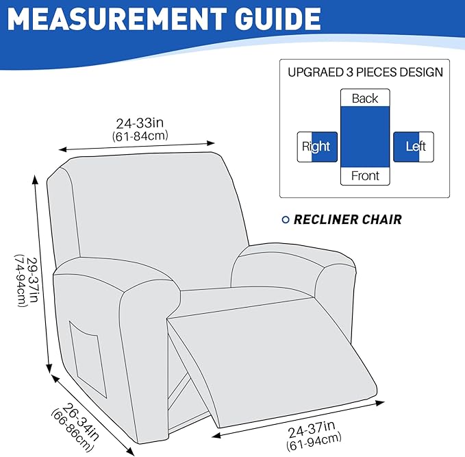 MAXIJIN Waterproof Recliner Chair Covers 3 Pieces Recliner Cover That Stay in Place, Washable Lazy Boy Recliner Slipcovers with Pockets Reclining Protector for Pet, Kids (Recliner, Dark Gray)