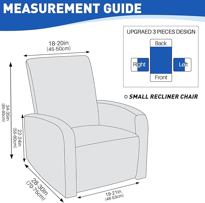 MAXIJIN Waterproof Small Recliner Chair Covers 3 Pieces Recliner Cover That Stay in Place, Lazy Boy Recliner Slipcovers with Pockets Reclining Protector for Pet (Small Recliner, Light Gray)