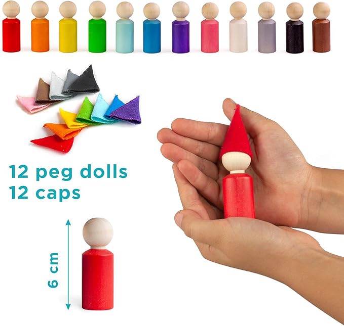 Ulanik Peg Dolls with Hats Toddler Montessori Toys for 3 Year Old + Kids Wooden Waldorf Dolls for Learning Color Sorting and Counting β 12 Gnomes, 2.36 in