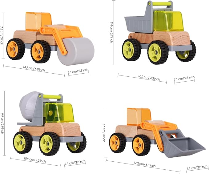 Wooden Construction Toy Trucks for Toddlers, 4PCS Mini Vehicle Toys Shovel 3 4 5 6