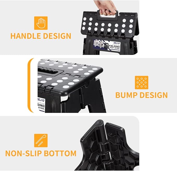 Delxo 16” Folding Step Stool in Black,1 Pack Premium Foldable Stool for Adults,Portable Collapsible Plastic Step Stool,Non Slip Folding Stools for Kitchen Bathroom Bedroom Up to 400LBS
