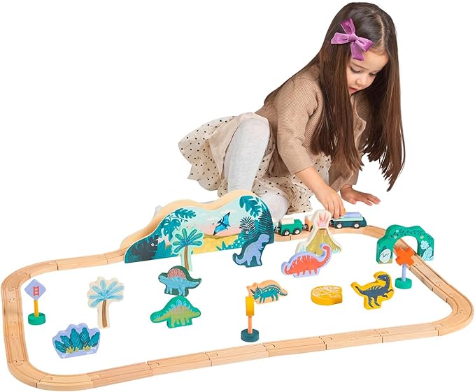 Manhattan Toy T-Rex Express 45-Piece Jurassic-Themed Wooden Toy Train Set 3 Years