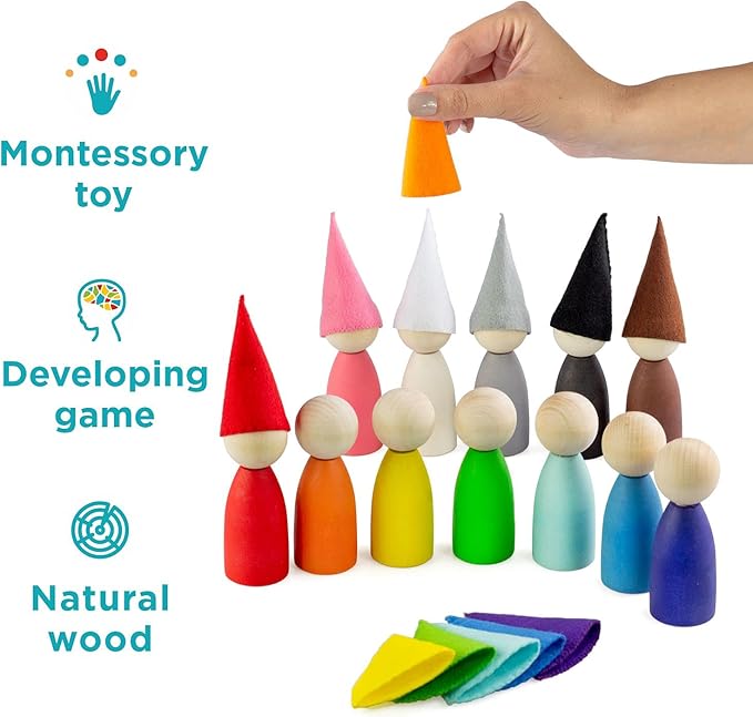 Ulanik Large Peg Dolls with Hats Toddler Montessori Toys for 3 Year Old + Kids Wooden Waldorf Dolls for Learning Color Sorting and Counting β 12 Gnomes, 3.35 in