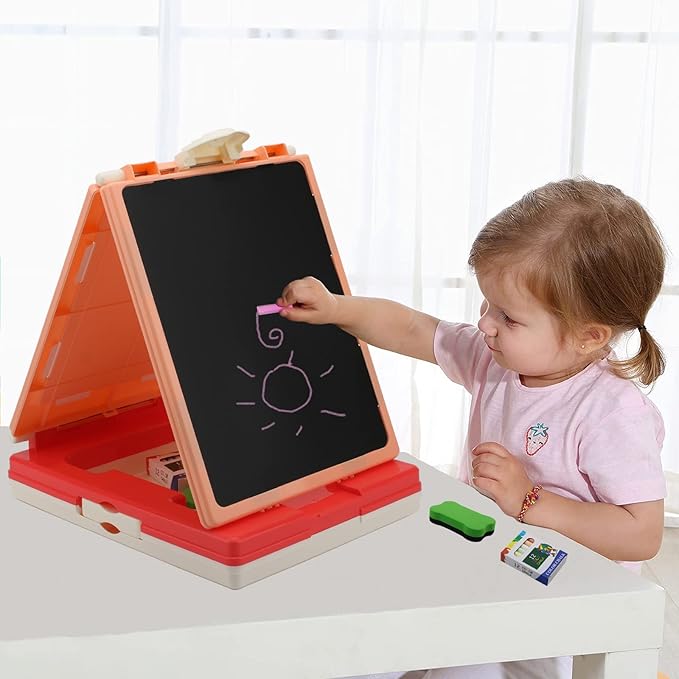 Table Art Easel for Kids, Double Sided Foldable Tabletop Drawing Easels Chalkboard Desk with Graffiti and Board Game Accessories Supplies for Boys and Girls (Pink)