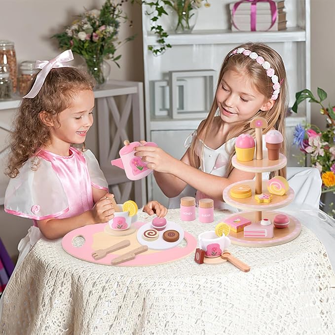Wooden Tea Party Set for Toddler Girls Toys Gift with Cupcake Stand & Tray & Flower & Dessert, Kids Pretend Play Kitchen Accessories Christmas Birthday Gifts for 3 4 5 6 Years Old Little Girl