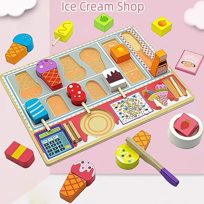 Wooden Play Food Sets for Kids Ice Cream Toys Pretend Food Accessories Early Education Toys for 3+ Years Old Girls and Boys Gifts (Ice Cream Shop)