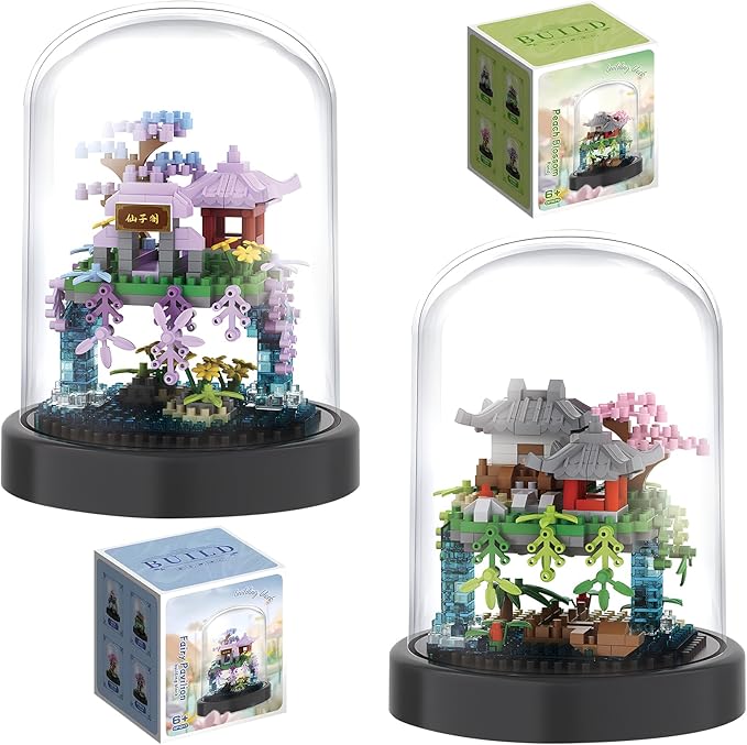 Cherry Blossom Tree House Building Block Sets with Acrylic Display Box Chinese Architecture of Peach Blossom Bonsai Treehouse Micro Mini Building Set Toy Gift for Kids Adults(2 Boxes)