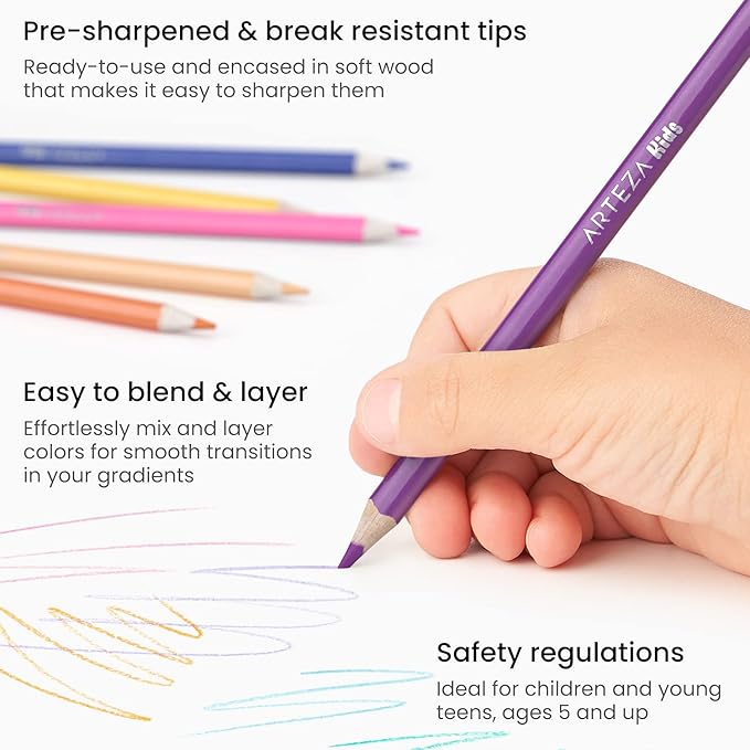 ARTEZA 48 Colored Pencils for Kids, Vibrant Colors, Triangular, Pre-Sharpened Kids Coloring Pencils for Drawing
