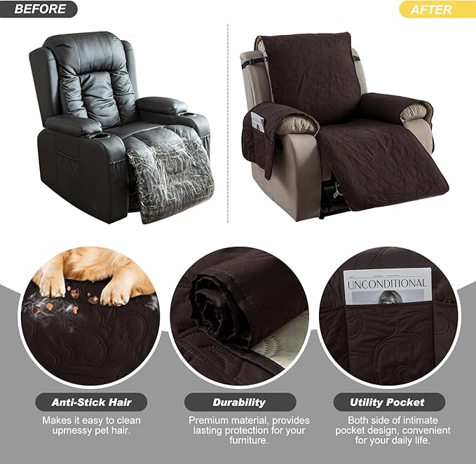 100% Waterproof Recliner Chair Cover, Recliner Chair Covers for Reclining Chair, Non-Slip Fabric Recliner Couch Cover for Living Room, for Pets Kids Protector, Washable (Chocolate, 23"Recliner Chair)