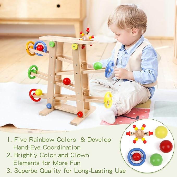 Qilay Wooden Wooden Race Track Toddler Toys for 1-3 Year Old Boy and Girl, Wooden Car Ramp Racer Toy Vehicle Set with 4 Balls & 5 Race Tracks