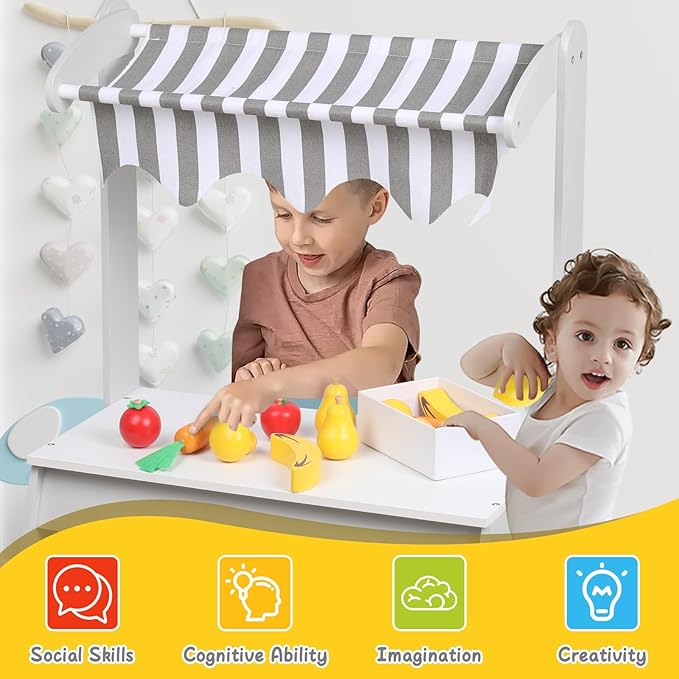 Wooden Market Stand Toy, Pretend Play Grocery Store Playset for Toddler, Fruit Vegetable Stand Selling Stall Shop with 24 PCS Food Accessories for Kids 3+
