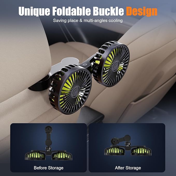 USB Car Cooling Fans for Backseat: Dual Head Car Fan for Kids 3 Speeds 360° Rotatable Vehicle Rear Headrest Fans 5V Powerful Electric Air Circulation Fan for Sedan SUV RV Truck (Black+Green)