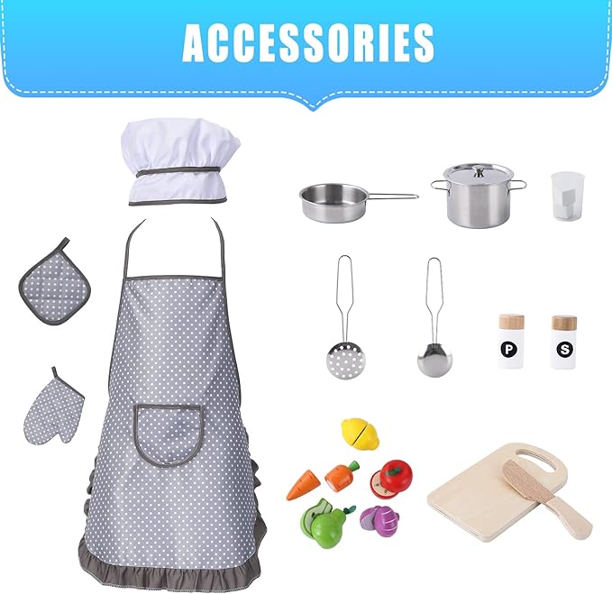 Wooden Kids Kitchen Playset with 20-Piece Cookware Accessories and Realistic Features - Ice Maker, Microwave, Oven, Range Hood, Sink, Lights and Sounds, White