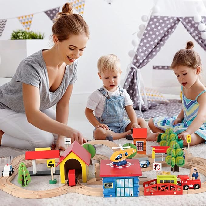 Qilay 69 PCS Wooden Train Set -Premium Wood Train Tracks & Trains Toys for Toddlers 3,4 5 Years