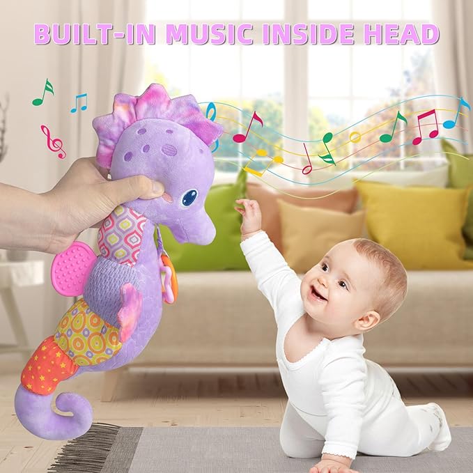 Baby Toys 0-6 Months,Infant Musical Seahorse Stuffed Animals Sensory Toys with Bright Colors 0-12 Months-Purple