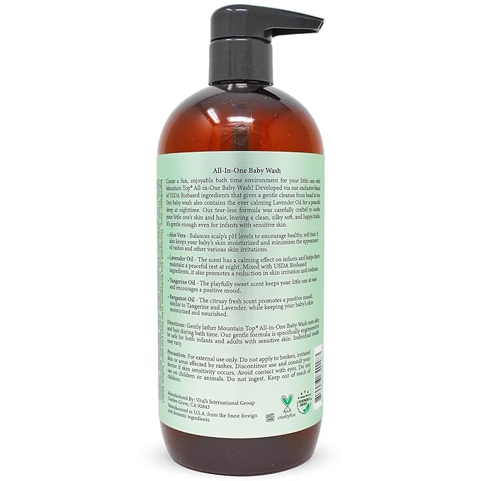 MOUNTAIN TOP All-in-One Baby Wash (24 oz / 709 ml) with Premium USDA Biobased Ingredients, Sulfate-Free 2-in-1 Baby