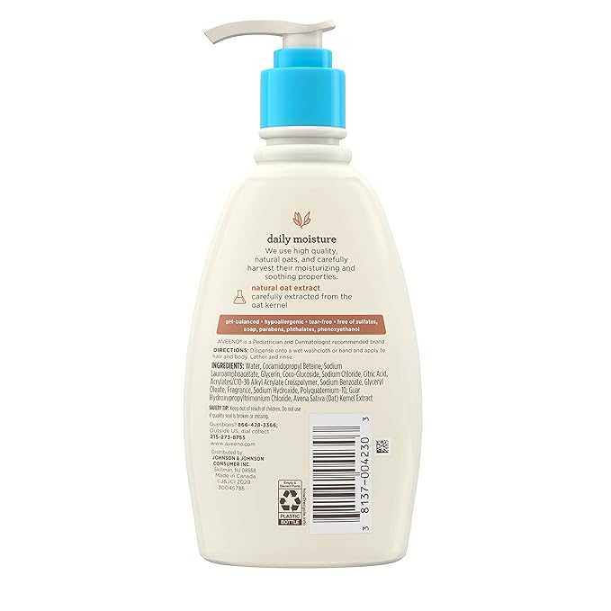 Aveeno Baby Daily Moisture Gentle Body Wash & Shampoo with Oat Extract, 2-in-1 Baby Bath Wash & Hair Shampoo 12 fl.