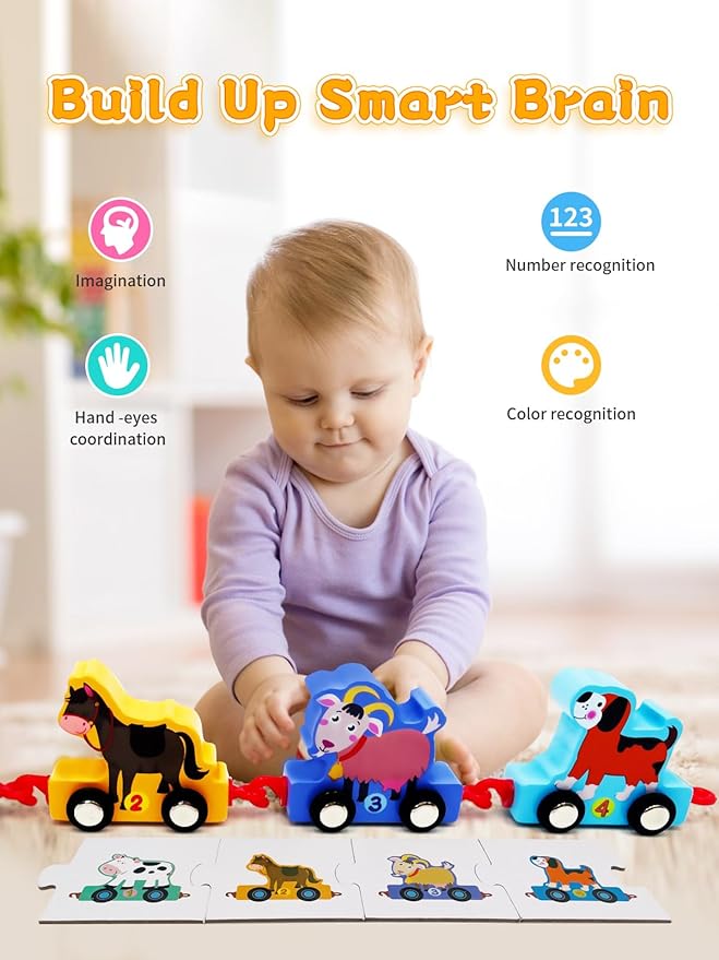 Toys for Toddlers, 11 Wooden Animals Train Set 2 Year 2-4 Boys 2, Preschool