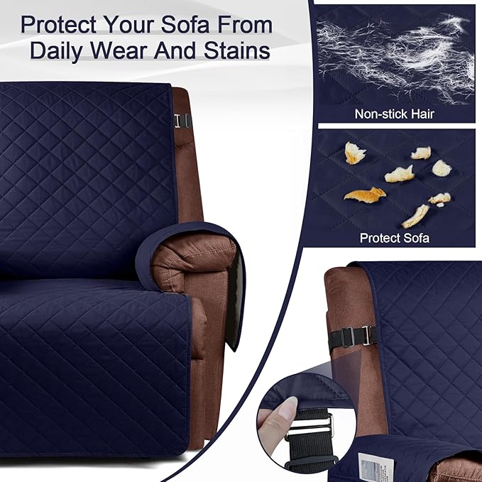 KinCam 100% Waterproof Recliner Chair Cover, Reclining Couch Covers for Pets, Dogs, Recliner Couch Slipcover Furniture Protector with Elastic Straps for Kids(23.6", Dark Blue)