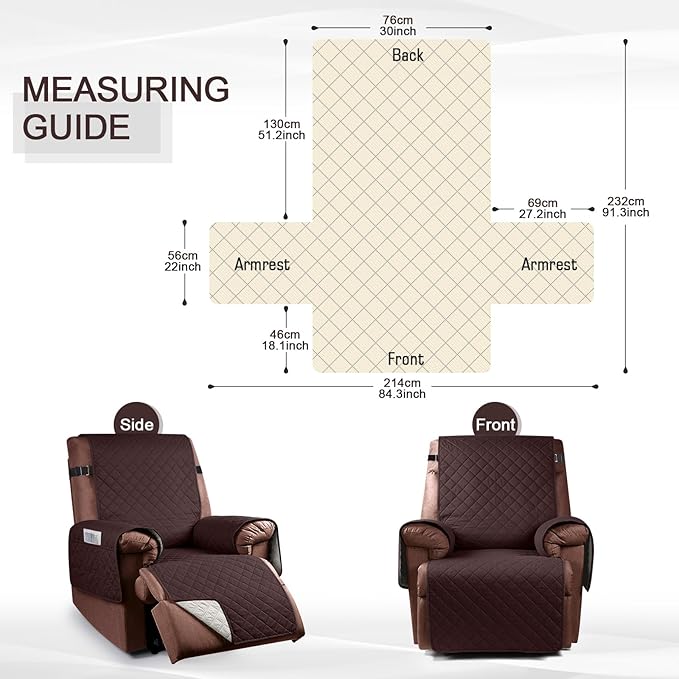 KinCam 100% Waterproof Recliner Chair Cover, Reclining Couch Covers for Pets, Dogs, Recliner Couch Slipcover Furniture Protector with Elastic Straps for Kids(30", Chocolate)