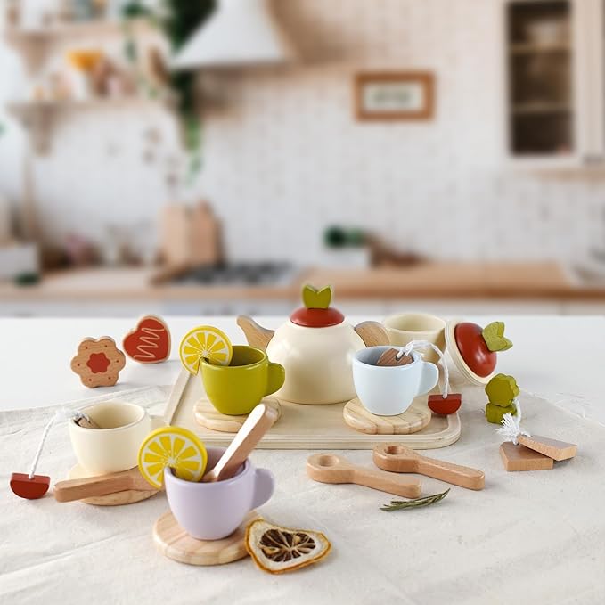Wooden Toys Tea Party Set,Tea Set for Little Girls,Toddler Tea Set,Kids Play Kitchen Accessories,Play Food for Toddlers Boys Girls Ages 3+