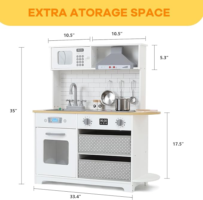 Wooden Play Kitchen for Kids - Innovative Corner Design, Realistic Cooking Sounds, Complete Accessories, Ample Storage Space, and Sound & Light Features