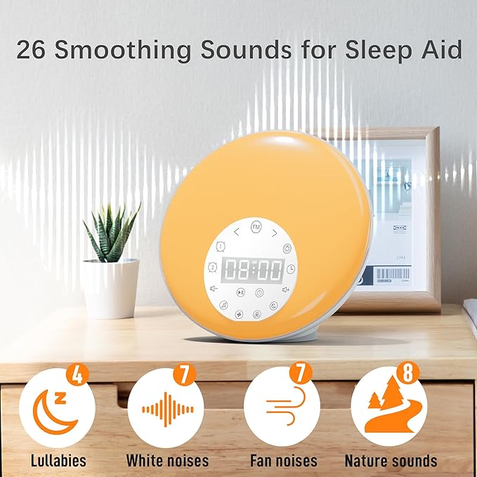 ANTDALIS Sunrise Alarm Clocks White Noise Sound Machine with 26 Soothing Sounds, 7 Night Lights, Wake Up Light Alarm Clock for Bedrooms, Heavy Sleepers, Baby, Kids, Dual Alarms, Sleep Timer, Snooze