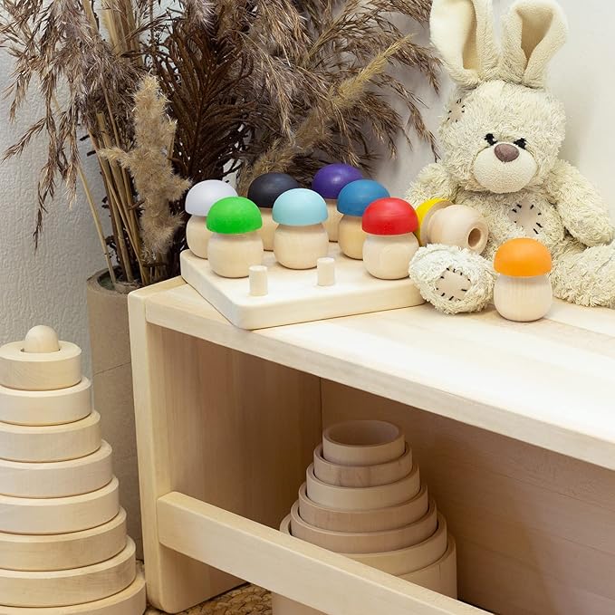 Ulanik Mushroom Glade Toddler Montessori Toys for 3 Year Old + Kids Wooden Mushrooms Game for Learning Color Sorting and Counting Preschool Education β 9 pcs