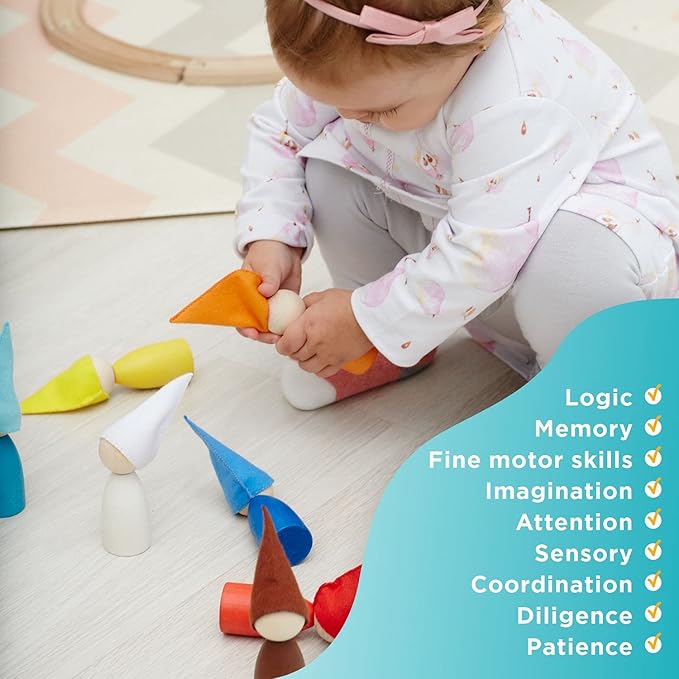 Ulanik Large Peg Dolls with Hats Toddler Montessori Toys for 3 Year Old + Kids Wooden Waldorf Dolls for Learning Color Sorting and Counting β 12 Gnomes, 3.35 in