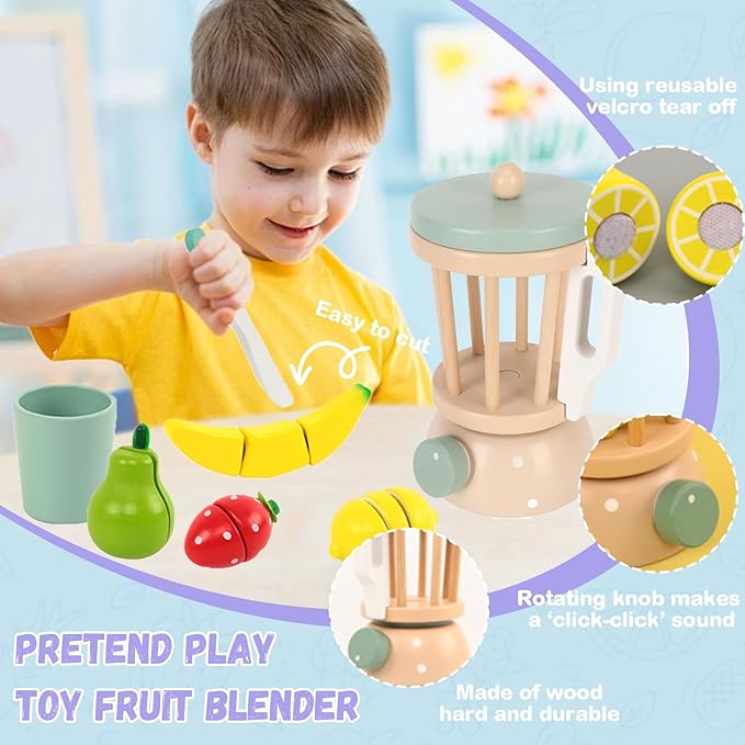 Wooden Blender Toys Play Kitchen Set for Kids-Fruit Juicer Maker Toy,Pretend Cutting Fruits Toys Mixer Food Play Kitchen Accessories for Kids,Toy Blender for Kids 3+ Years Old(Wood Fruit Blender)
