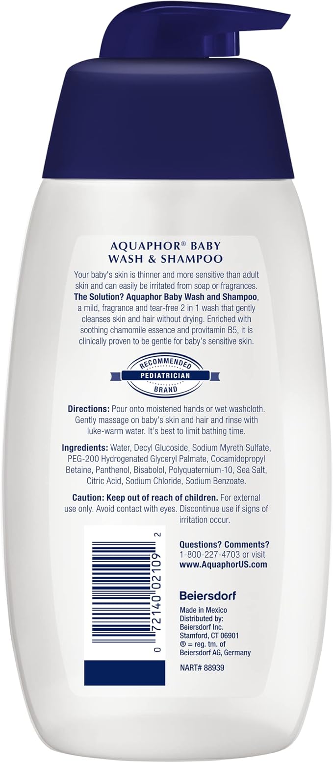 Aquaphor Baby Wash and Shampoo - Mild, Tear-free 2-in-1 Solution for Baby’s Sensitive Skin 16.9 fl.