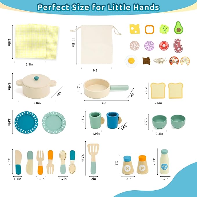 Wooden Play Cooking Set, 36pcs Kitchen Set for Toddlers, Play Food Sets for Kids Kitchen, Wood Play Kitchen Accessories with Fake Food,Pot & Pan,Utensils,Gifts for 3 4 5 Years Old Girls Boys