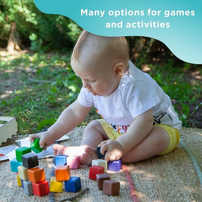 Ulanik Small Colored Cubes Toddler Montessori Toys for 3 Year Old + Kids Wooden Building Blocks Game for Learning Color Sorting and Counting β 40 pcs, 1.2 in