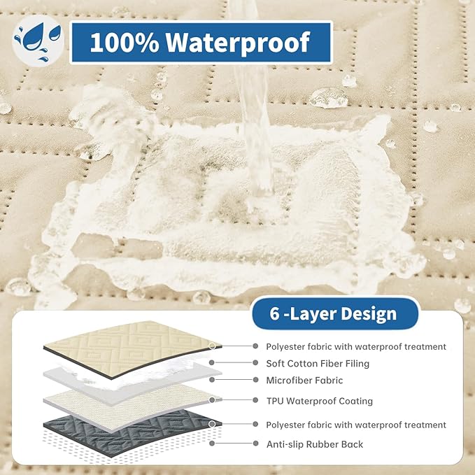 XINEAGE 100% Waterproof Recliner Cover, Non Slip Recliner Chair Cover with Elastic Band, Washable Recliner Slipcover with Storage Pockets for Kids, Pets (Beige, 30")