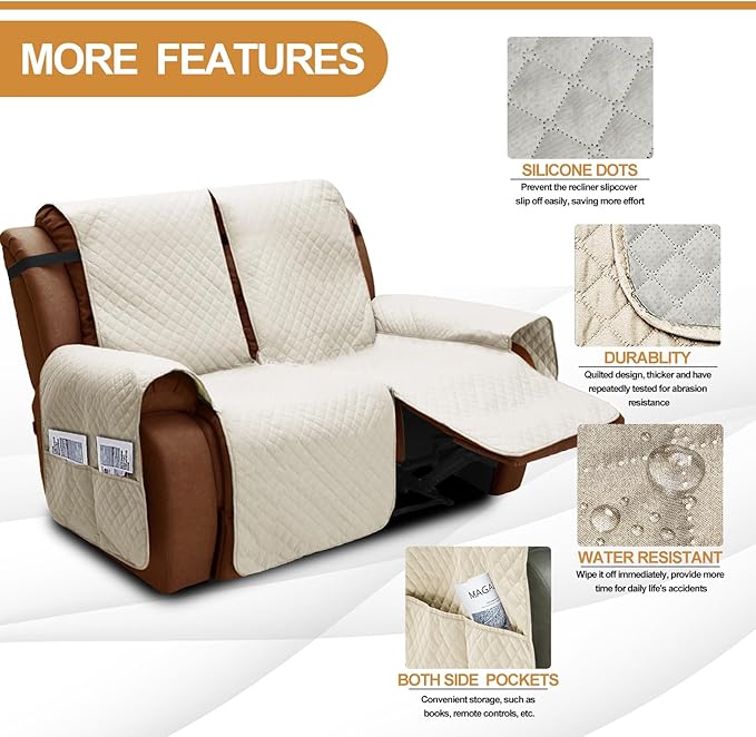 XINEAGE Water Resistant Recliner Cover, 2 seat Recliner Loveseat Covers with Pockets, Quilted Thick Recliner Protector Cover for Dog Pets with Non Slip Backing and Strap (Recliner Loveseat, Beige)