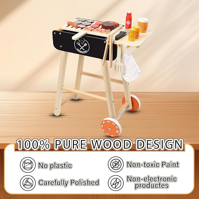 Wooden Play Barbecue Toy Grill, Kids BBQ Grill Playset with Play Food and Grilling Tools, Kids Cooking Sets, Outdoor Play Kitchen Set Kids, Pretend Play Kitchen Accessories Toddlers Age 3+