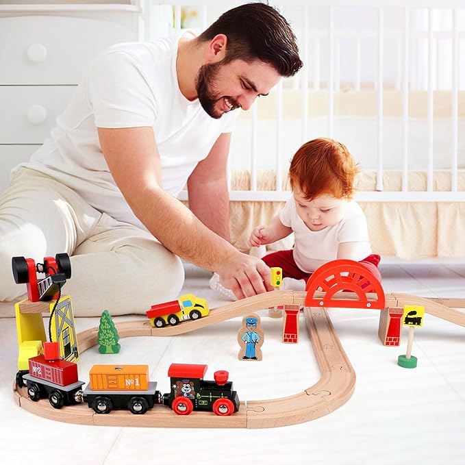Qilay Wooden Train Set for Toddler - 39 Pcs Wooden Train Tracks with Crane, Bridge & 5 Wooden Trains 3,4,5 Year