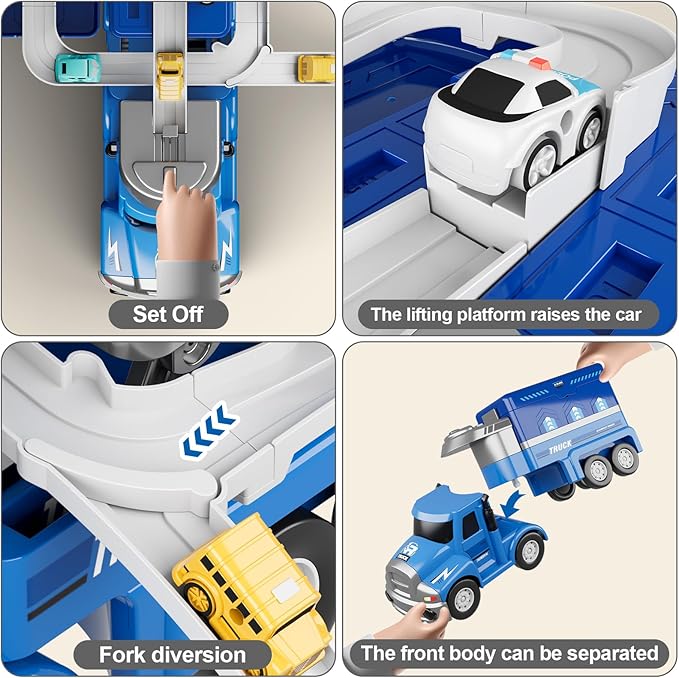 Dwi Dowellin Truck Toys for Kids 3 4 5 6 Years Old, Vehicle Toys for Kids with 4 City Cars and Playmat 3-5 (Blue)