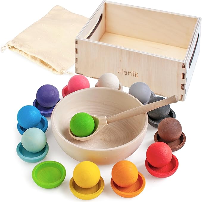 Ulanik Balls on Plates Toddler Montessori Toys for 1+ Year Old Kids Wooden Matching Game for Learning Color Sorting and Counting β 12 Balls, 1.18 in