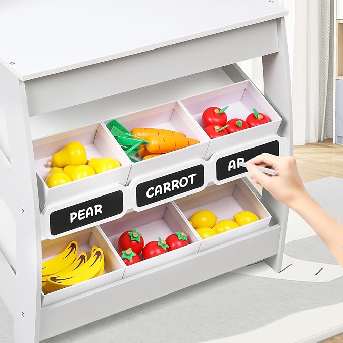 Wooden Market Stand Toy, Pretend Play Grocery Store Playset for Toddler, Fruit Vegetable Stand Selling Stall Shop with 24 PCS Food Accessories for Kids 3+