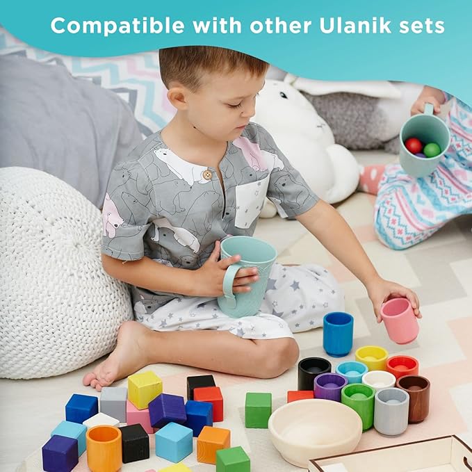Ulanik Large Colored Cubes Toddler Montessori Toys for 3 Year Old + Kids Wooden Building Blocks Game for Learning Color Sorting and Counting β 25 pcs, 1.6 in