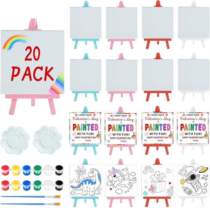 Valentines Day Gifts for Kids - Valentines Day Cards for Kids School - 20 Pack Watercolor Paint Set, Acrylic Paint Canvas Brushes Easel, Stationery Exchange for Boys Girls Class Classroom Party Favor