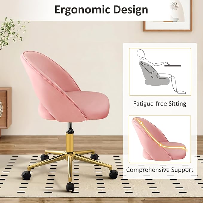 Furniliving Pink Vanity Chair, Cute Desk Chairs for Girls with Back, Rolling Upholstered Accent Chair for Living Room/Makeup Room/Bedroom, Pink