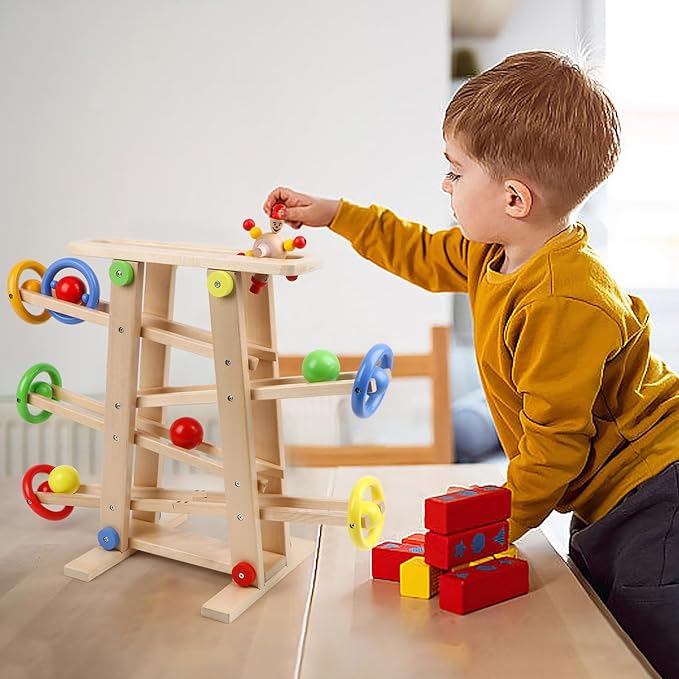 Qilay Wooden Wooden Race Track Toddler Toys for 1-3 Year Old Boy and Girl, Wooden Car Ramp Racer Toy Vehicle Set with 4 Balls & 5 Race Tracks
