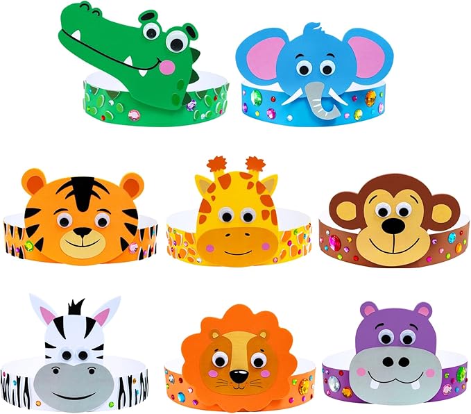 Winlyn 24 Sets Jungle Animal Headbands Craft Kits Safari Animal Crown Art Sets DIY Zoo Animal Party Headbands Animal Foam Stickers for Kids Jungle Safari Birthday Activities Party Favors Decorations