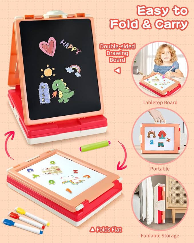 Tabletop Easel for Kids, Foldable Art Easel for Toddler,Double Sided Kids Easel with Chalkboard & Magnetic Dry Erase Board,Height Adjustable Desktop Easel, Educational Gift for Girls(Pink)