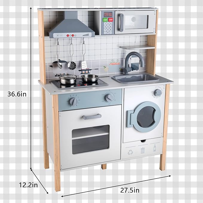 Wooden Kitchen Playset for Kids Ages 3-8, Pretend Play Kitchen for Toddlers with Realistic Lights & Sounds, Cooking Accessories, Pretend Toddler Kitchen Gift for Girls Boys (Traditional)