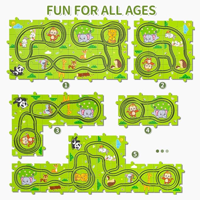 TEMI 32 PCS New Plastic Puzzles, car Tracks playset for Kids Ages 3-5 with 3 Cute Vehicle 4 5 6 Year
