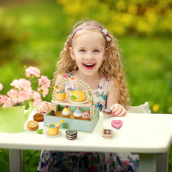 Tea Party Set,Tea Sets for Toddlers 3-5,Kids Tea Set with Dessert Cookies & Cake Stand, Non-Toxic Wooden Tea Party Set,Pretend Play Toys Toddler Tea Set for Girls Birthday Gifts