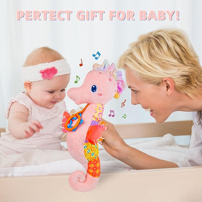 Baby Toys 0-6 Months,Infant Musical Seahorse Stuffed Animals Sensory Toys with Bright Colors 0-12 Months-Pink